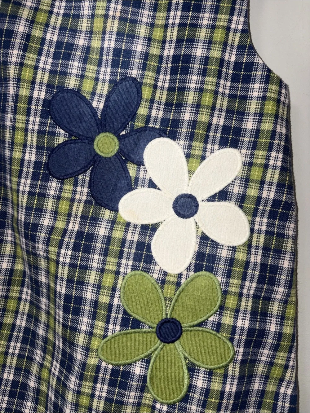 Kelly’s Kids Green Navy Plaid Jumper Dress Vintage Floral Appliqués Girls 2T